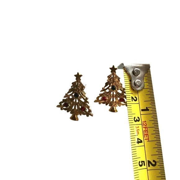 WOMENS GOLD TONE CHRISTMAS TREE WITH COLOR ORNAMENT STONE EARRINGS - Picture 3 of 4